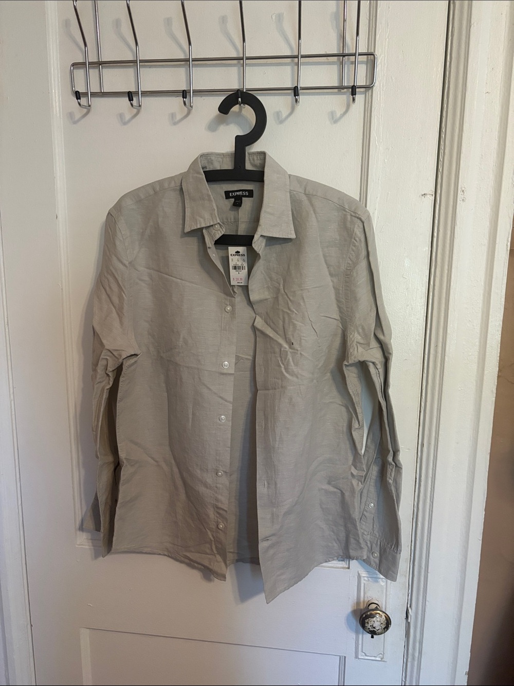 Express Men’s Light Taupe Button-Down Cotton and Linen Blend Shirt